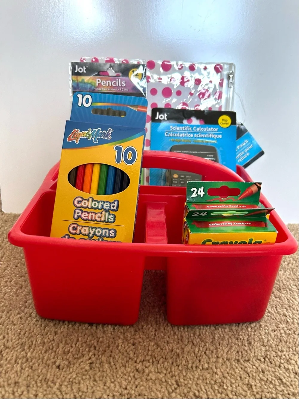 NEW Red Plastic Desk Caddy with School Supplies Crayons, Colored Pencils, etc